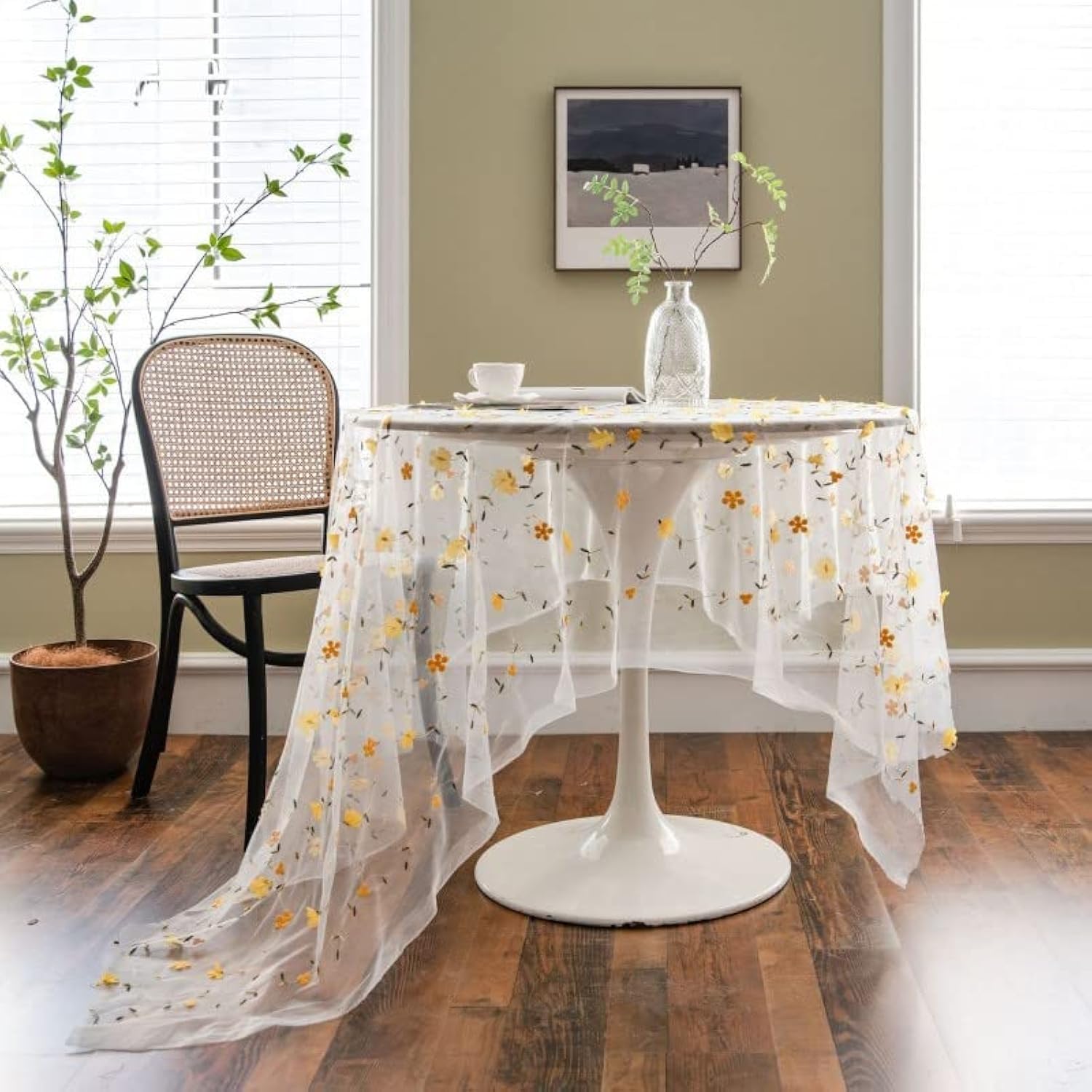Photo 1 of Poowe Rectangular Table Cloth Lace Vintage Tablecloth Shabby Chic Embroidered Oblong Table Cover for Wedding Banquet Holiday Long Dinner Tables (Yellow Relief Lace, 59" x 79")