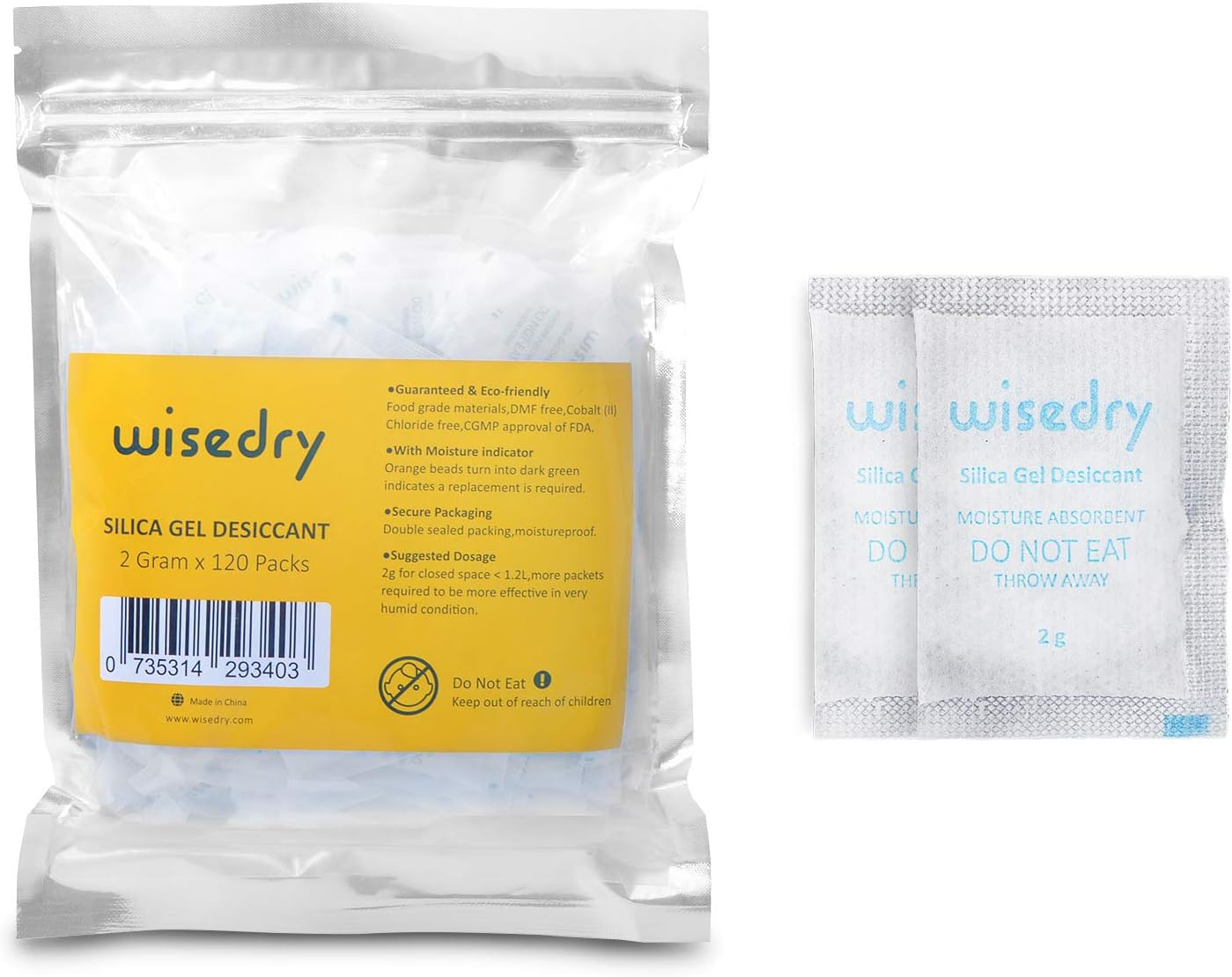 wisedry 2 Gram x 120 Packs Silica Packets for Moisture Absorber Desiccant Pouches with Color Indicating Beads Silica Gel Bags Food Safe