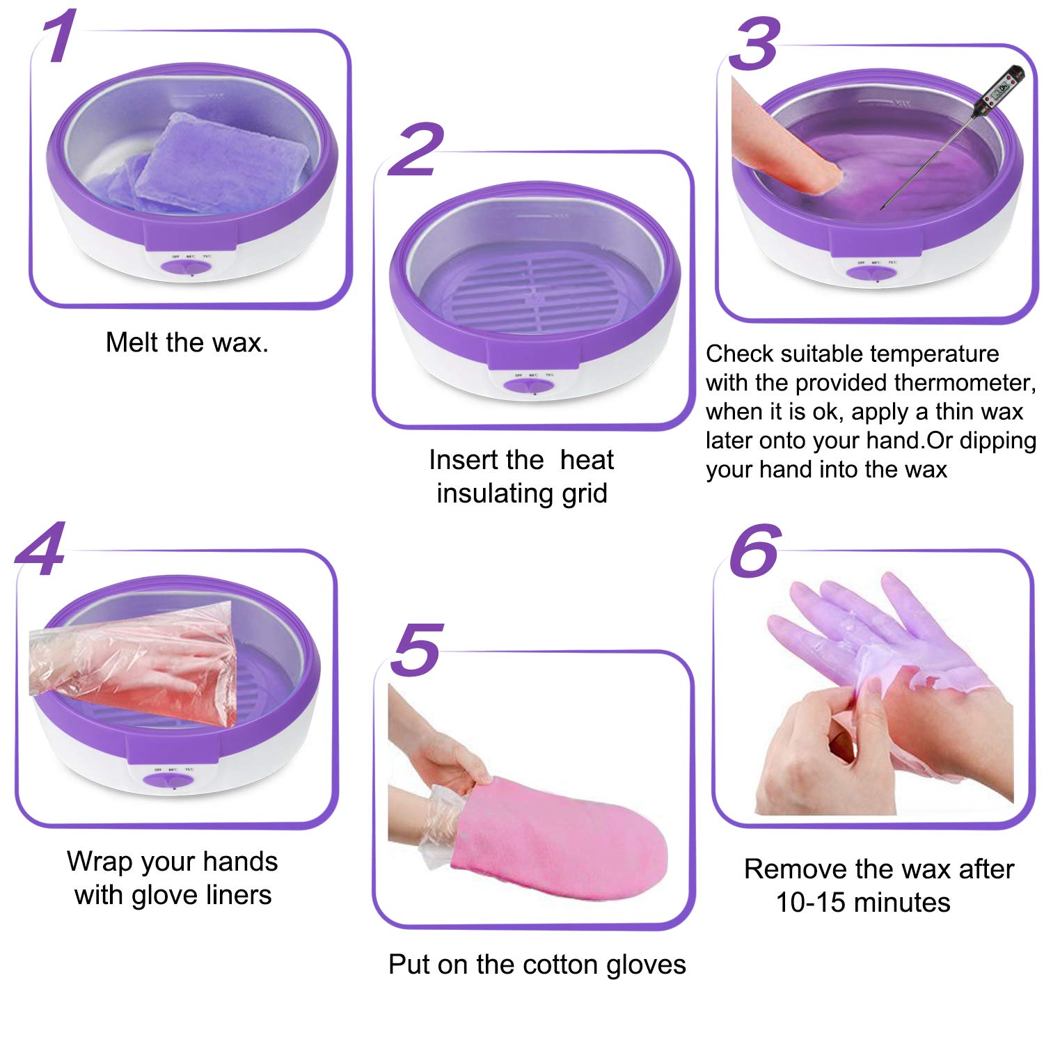 Paraffin Wax Machine for Hand and Feet - Ejiubas Paraffin Bath Quick Heating 2500ml Paraffin Wax Warmer with Paraffin Wax Refills Thermal Mitts Gloves Moisturizing Kit Hand Wax Spa Purple : Beauty
