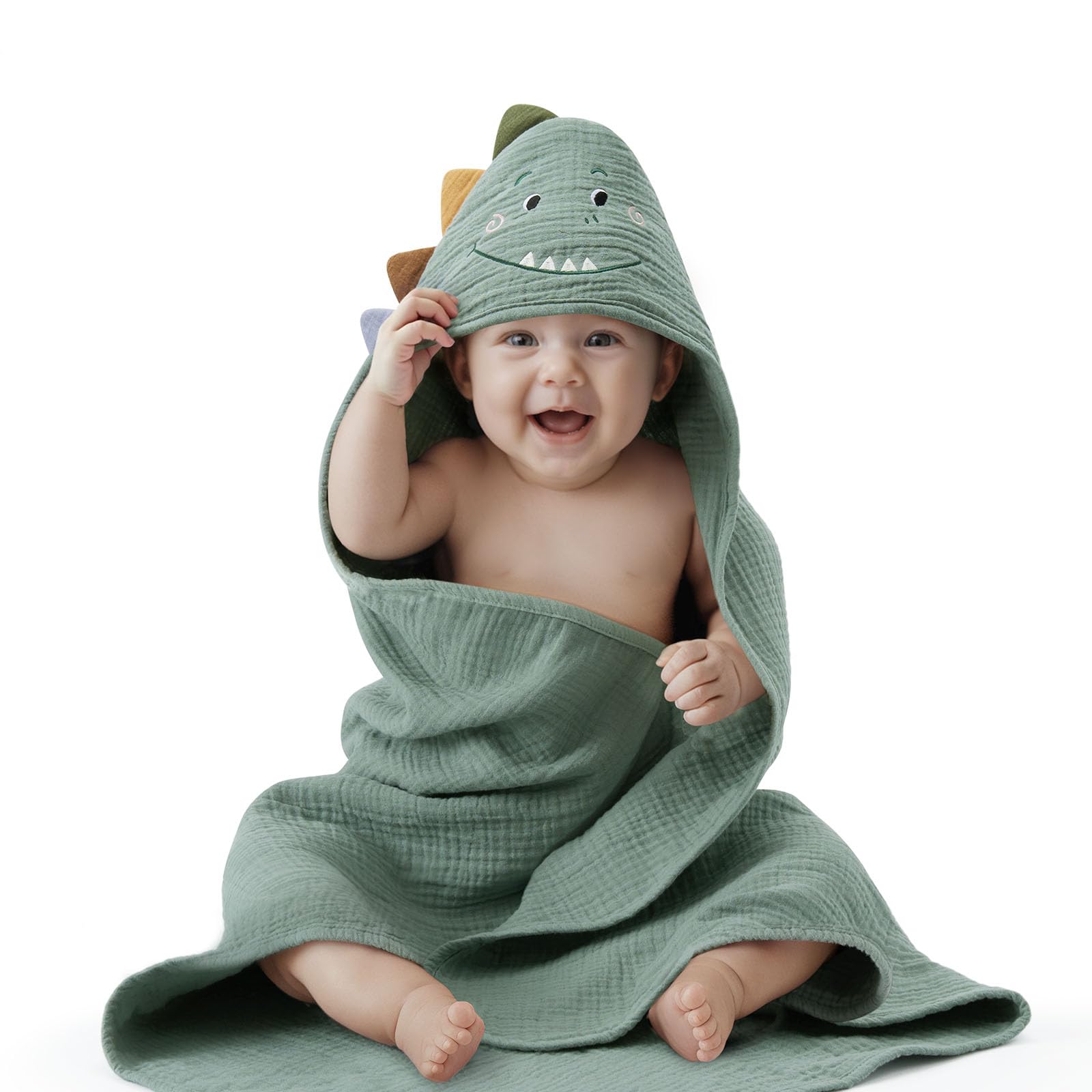 Photo 1 of Blissful Diary Muslin Baby Hooded Towel, Soft and Absorbent Bath Towel for Newborn, Infant, Toddler, Unisex, 32?x32? - Roguish Dino