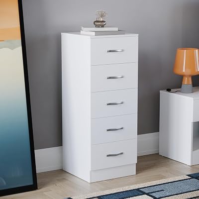 Vida Designs Riano 5 Drawer Narrow Chest White Tall Bedroom Storage Unit
