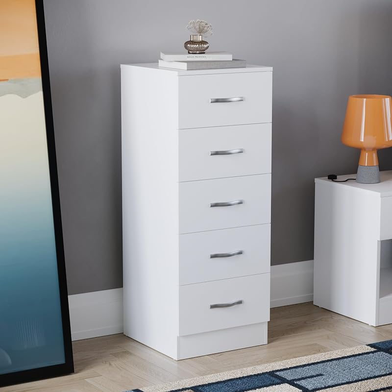 Vida Designs Riano 5 Drawer Narrow Chest White Tall Bedroom Storage Unit