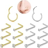 Mayhoop Nose Rings Hoops and Nose Rings Studs Sets for Women Men,Hypoallergenic 316L Surgical Steel Hinged Clicker Segment Helix Cartilage Daith Tragus Earrings Silver Gold L Shape Nose Studs Real Body Piercing Jewelry 18G 20G