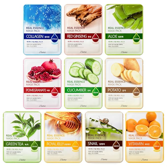 title=Jluna korea real essence facial sheet masks 10 pack- 10 different types of mask