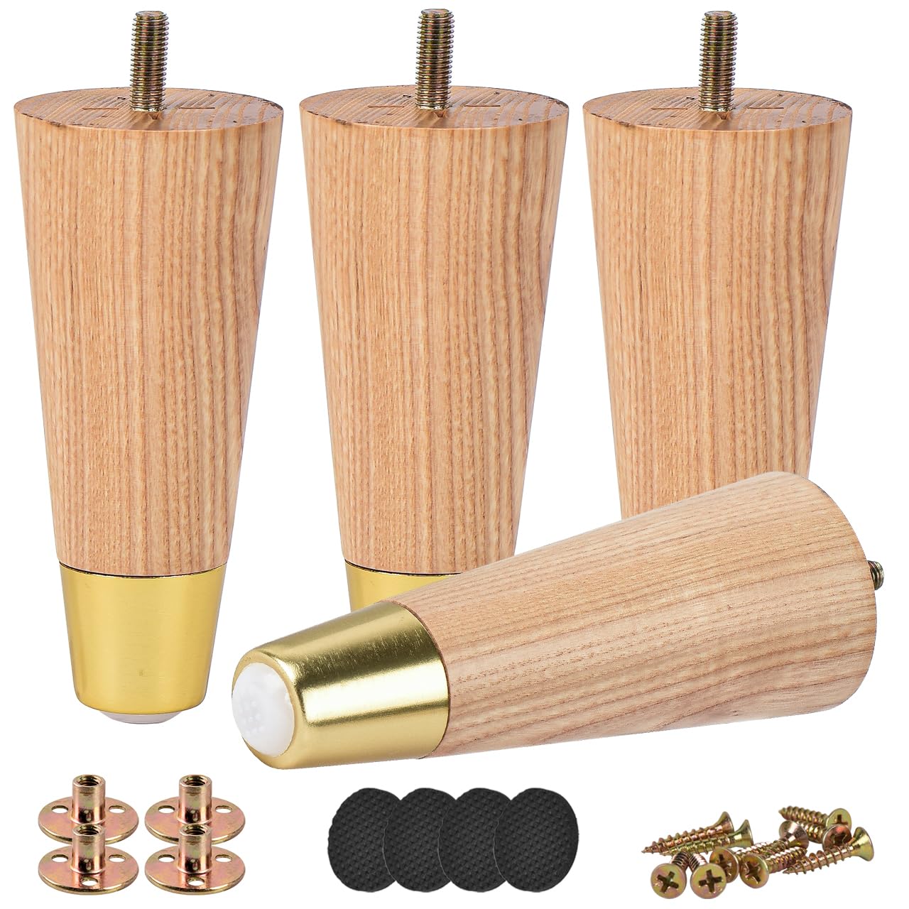 Btowin VCF 4 Inch / 10cm Ash Wood Furniture Legs, 4Pcs Modern Wooden with Cover Replacement Feet with Threaded M8 Hanger Bolts & Mounting Plate & Screws for Sofa Couch Armchair Cabinet