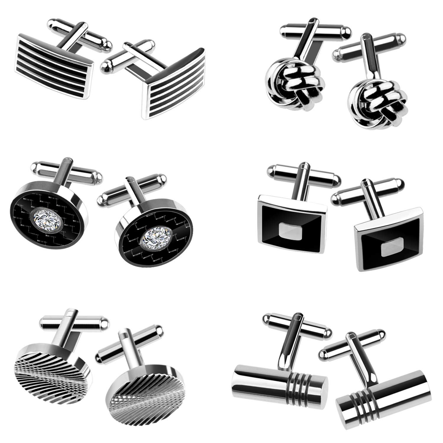 TUPARKA 6 Pairs Men's Cufflinks Fashion Stripe Cufflinks for Tuxedo Graduation Gift Business Gift Silver