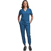 Green Town Scrubs for Women Scrub Set - Jogger Pant and Tuck-In V-Neck Top, 5 Pockets, Yoga Waistband, Nursing Uniform-Caribbean-X-Large