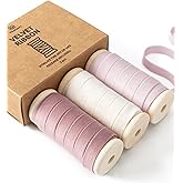 Vitalizart Velvet Ribbon Pink White Set 3/8" x 15 Yd Wooden Spool Fabric Trim 3 Rolls * 5 Yd for Christmas Wreath Decoration 