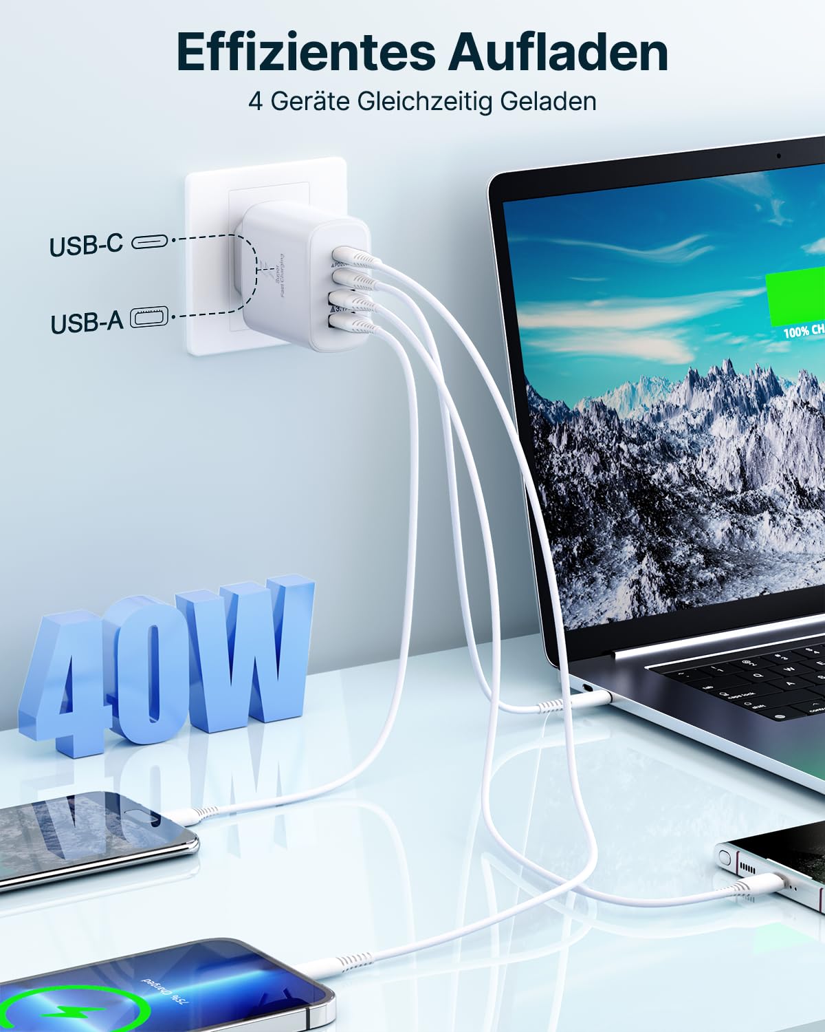 USB C Stecker, 40W 4-Port Netzteil USB C Ladegerät Mehrfach mit PD + QC, Adapter USB-C Fast Charger Ladestecker USB Schnellladegerät für iPhone 17 16 15 14 13 12 11 Pro Max, iPad, Samsung 3