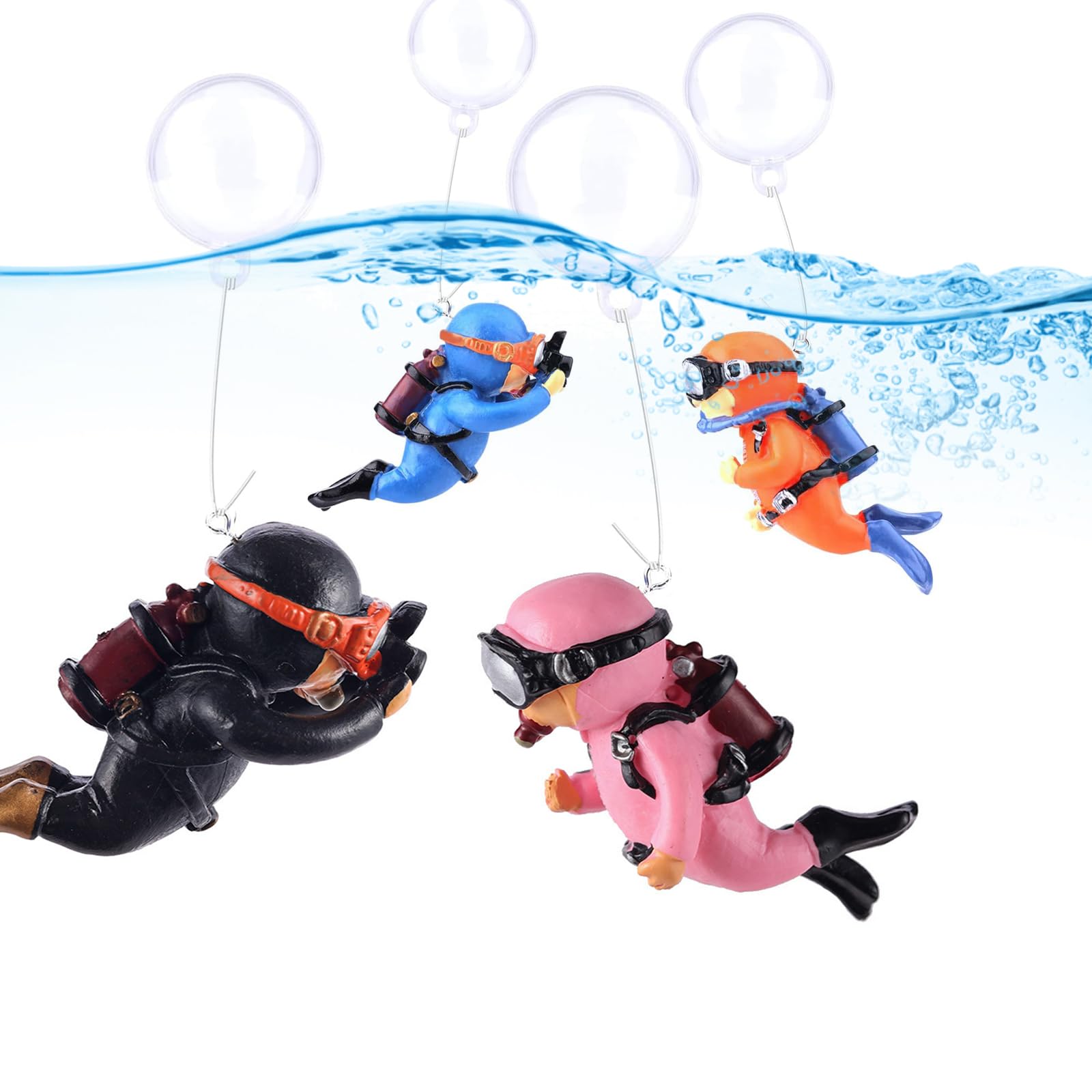 Ieron 4 Pack Cute Floating Fishbowl Decorations, Little Funny Diver Aquarium Decor Cartoon Fish Playmate with Floating Device Fish Tank Accessories Aquatic Pets