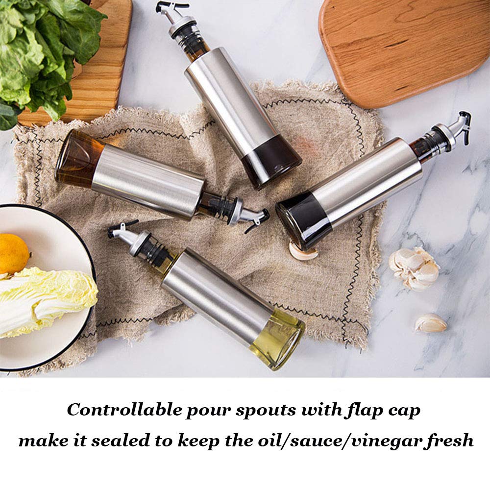 Oil Vinegar and Sauce Dispenser Bottle with Stainless Steel funnel - 11oz/300ml Oil Vinegar and Sauce Cruet Pourer Dispensing Glass and Stainless Steel Bottles for Kitchen