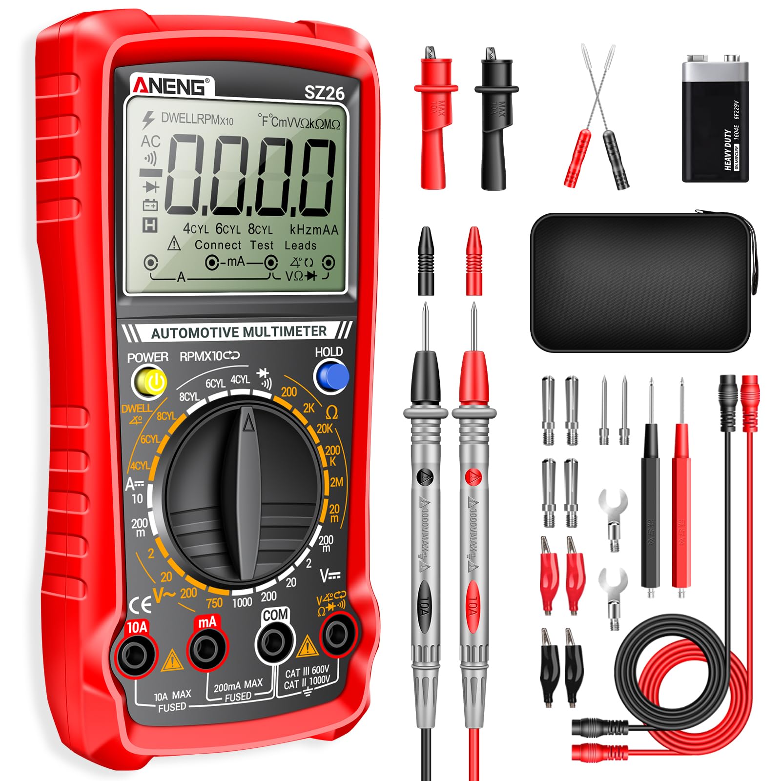 Photo 1 of ANENG SZ26 Multimeter,Digital Automotive Engine Analyzer with 500-10000RPM Tach,Dwell Angle,Duty Cycle,DC Current,AC/DC Voltage,Amp,Ohm,Large LCD,Data Hold,Versatile Tester for Car Diagnostics