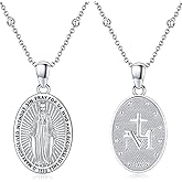 LOOVE S925 Sterling Silver Miraculous Medal Necklace for Women Men Catholic Virgin Mary Charm Pendant Necklace Blessed Mother Pendant Christian Jewelry