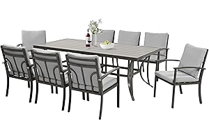 HAPPATIO 9-Piece Patio Outdoor Dining Set - All Aluminum Patio Table and Chairs Set for 8 Includes 1 Rectangular Dining Table and 8 Dining Chairs with Cushions, Patio Dining Set for Lawn, Garden