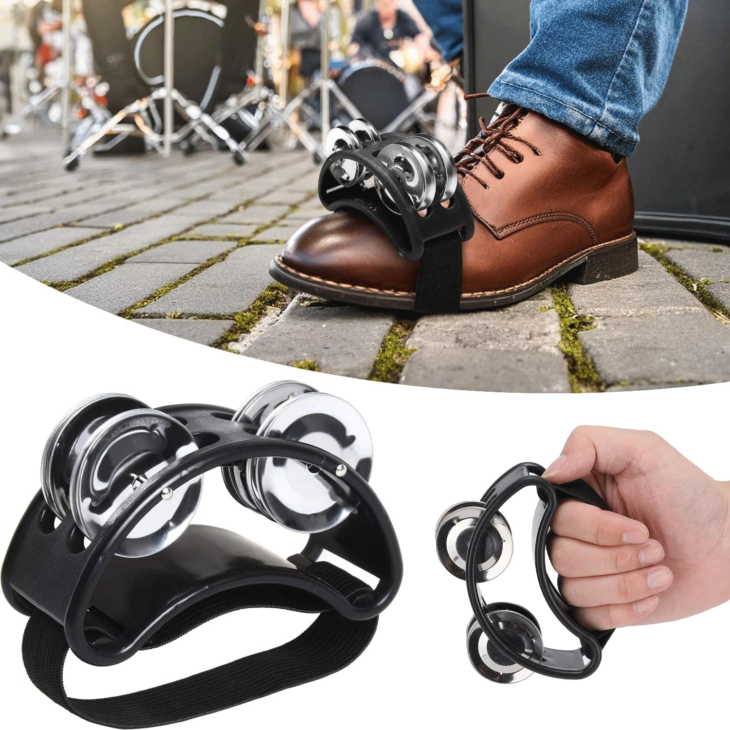 Norhogo Foot Tambourine Percussion Musical Instrument, Foot Tambourine with Stainless Steel Jingles Guitar Players, Musicians, Singers, Music Class, Bands and more, Black