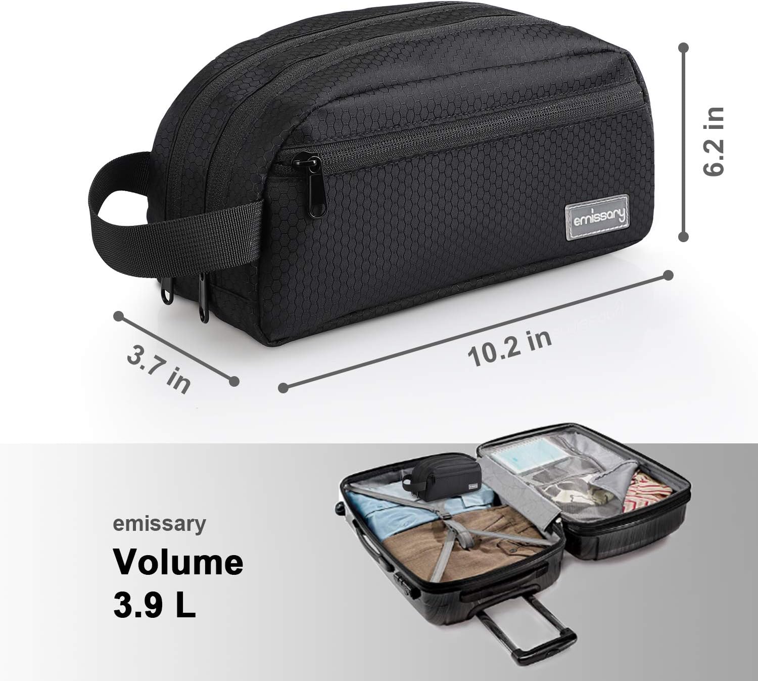 emissary Nylon Men's Toiletry Bag - Large Waterproof Shower Bag - Travel Toiletries Bag - Dopp Kitt for Men - Toiletry Bag for Men and Women - Shaving Bag for Men Travel (Black Water-Resistant)