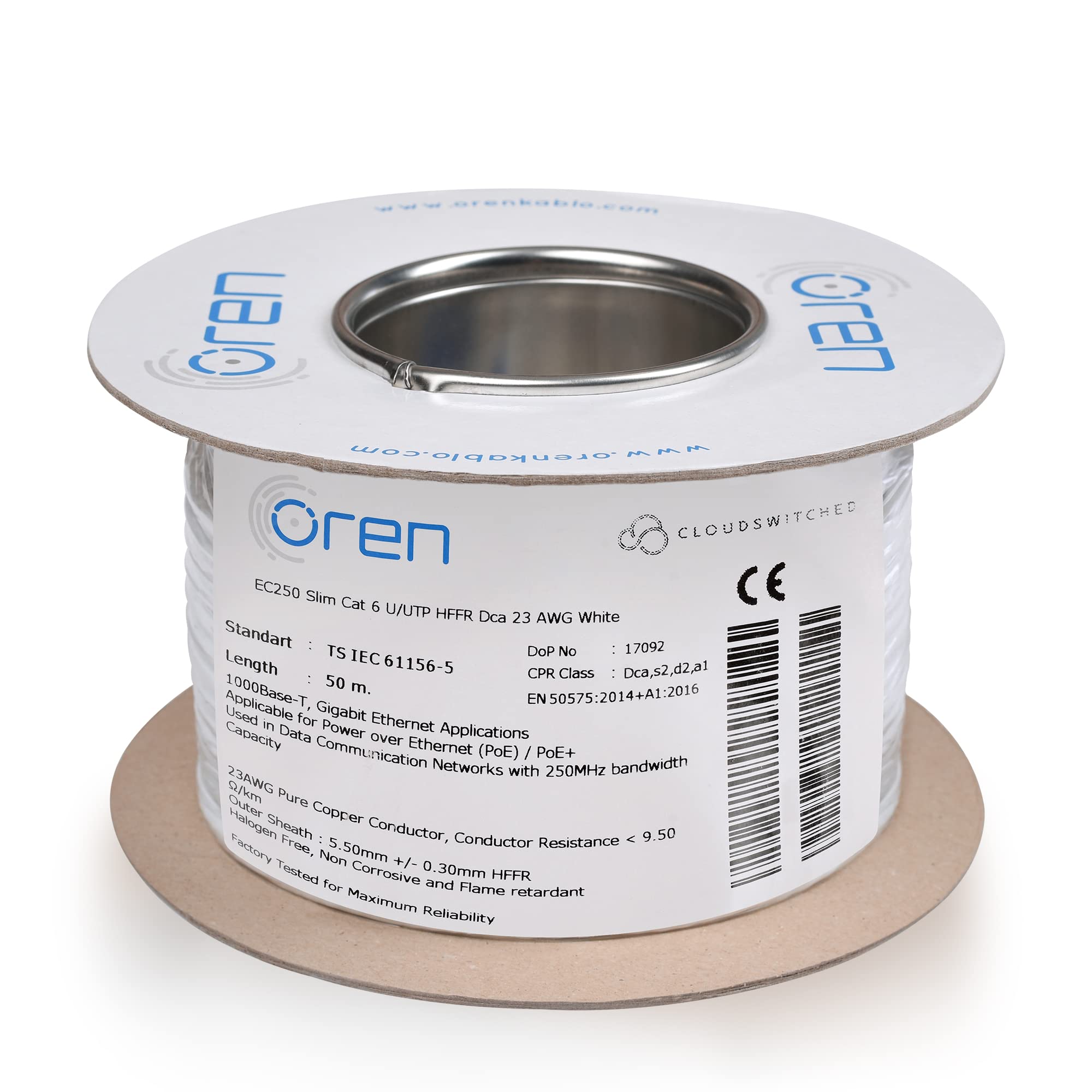 Oren CAT6 50m Ethernet Cable White - Slim - 23 AWG Pure Copper Wire - 250 MHz Bandwidth UTP Internet LAN Network Cable - Halogen Free, Non-Corrosive - Gigabit High Speed Ethernet Cable