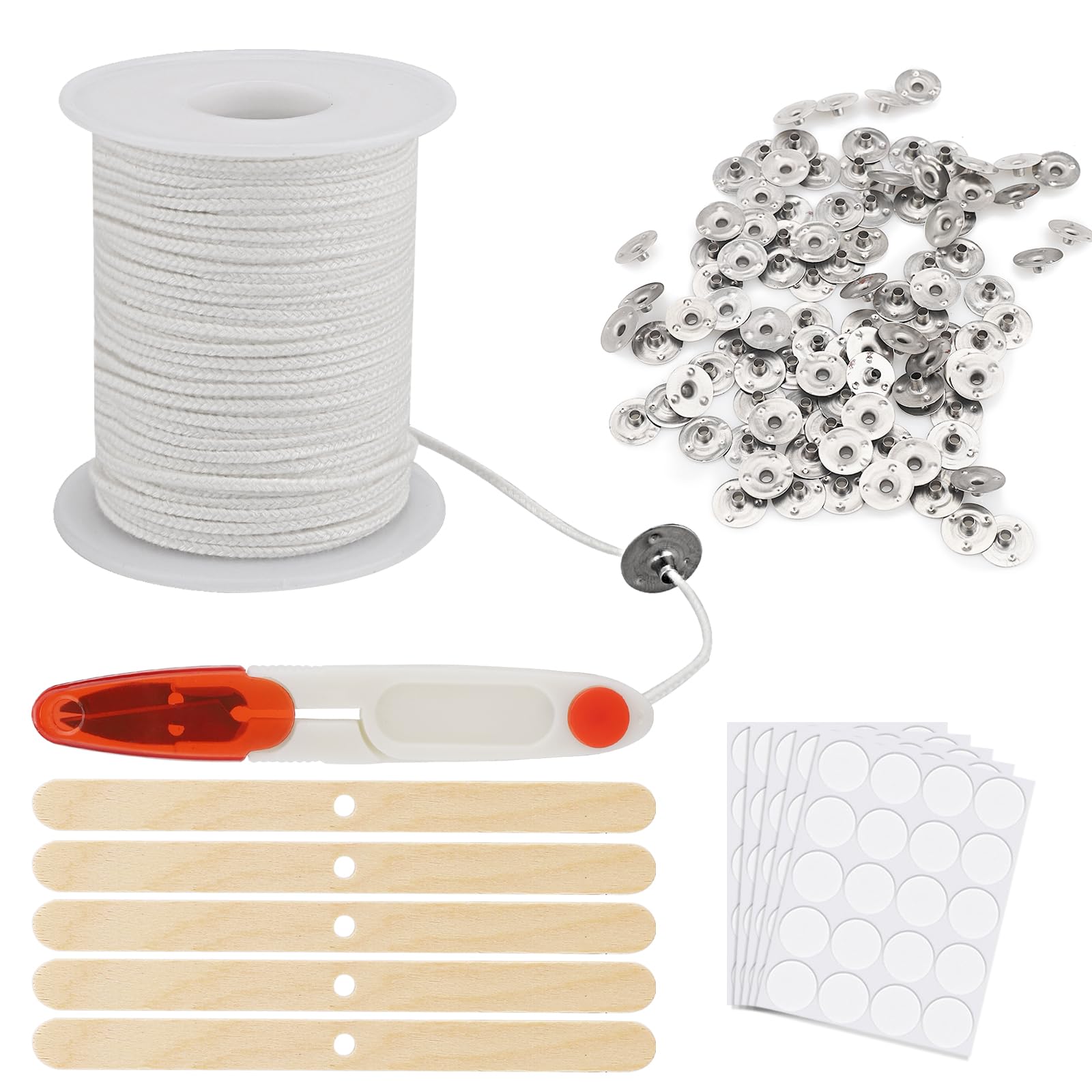 Cotton Candle Wicks, 6100 cm, 100 Pieces with Holders, Stickers, Smokeless Flame Wick for DIY Candles, Communion, Aromatherapy