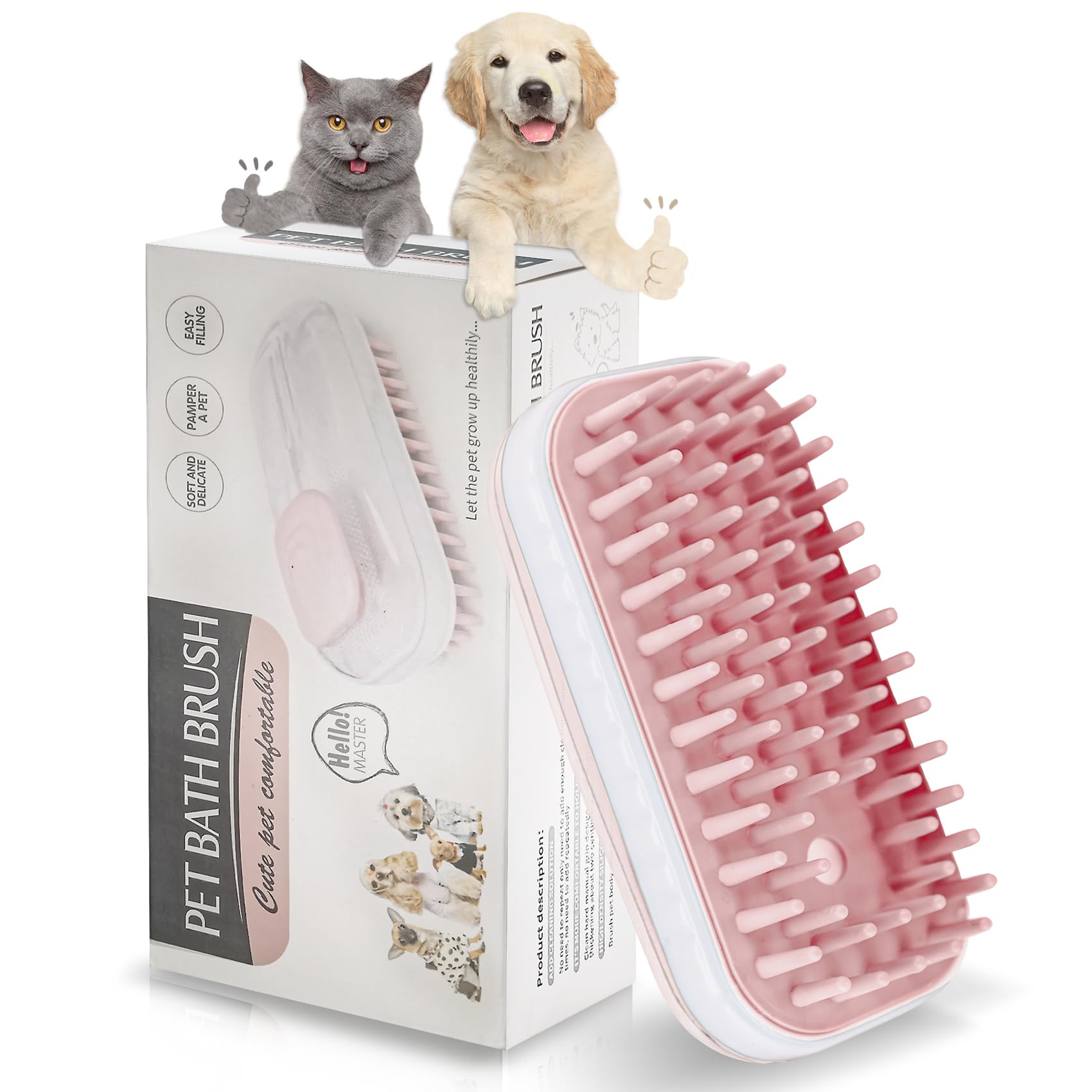 Uoking Pet Bath Brush with Shampoo Dispenser - Soft Silicone Dog and Cat Massage Brush for Effortless Grooming - Pink