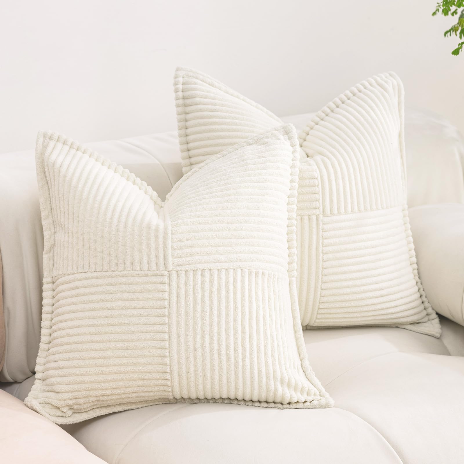 Photo 1 of Puncuntex Corduroy Cream White Throw Pillow Covers 18×18 Inches Set of 2 Boho Decorative,Super Soft Cozy Striped Cushion Covers for Couch,Sofa,Farmhouse,Living Room,45×45CM
