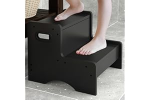 FYGUES Wooden Step Stool for Kids, 2 Step Safety Kids Stepping Stool for Bathroom Kitchen Bedroom with 500 lbs Capacity, Toddler Step Stool Children's Stool Potty Stool, Black