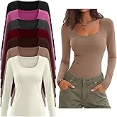 Sweetyweee 7 Pack Women's Long Sleeve Shirts Multipack Scoop Neck Tops Slim Fit Undershirt Basic Layer Winter