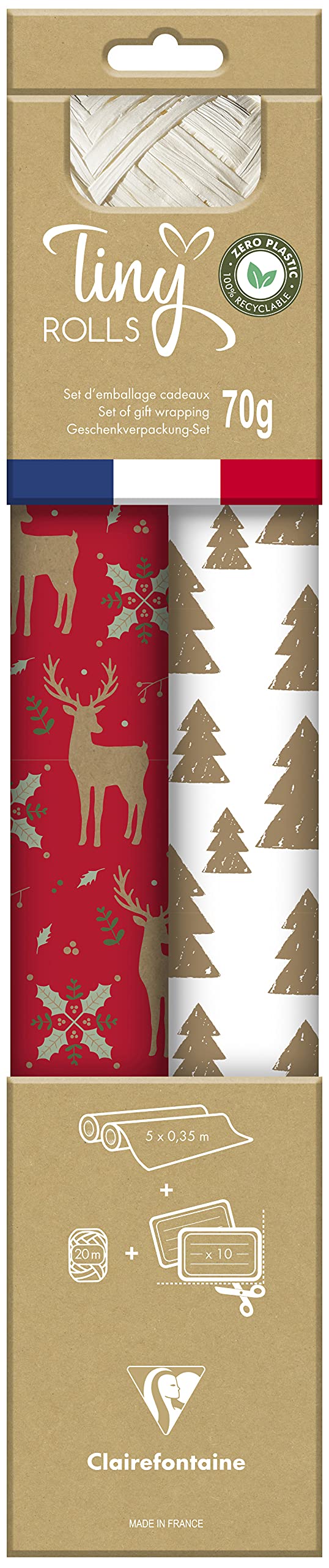 Clairefontaine 223887C-Zero Plastic Gift Wrapping Kit - 2 Rolls of Recycled Kraft Gift Paper 5mx35cm - 20m Ribbon Roll + 10 Die-Cut Gift Tags - Red/White