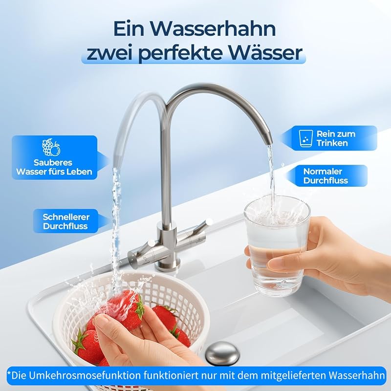 Système de filtration d'eau à osmose inverse 600GPD pour eau potable, système d'osmose inverse à 8 niveaux, ratio pur/écoulement 2,5:1, option RO et eau filtrée, blanc