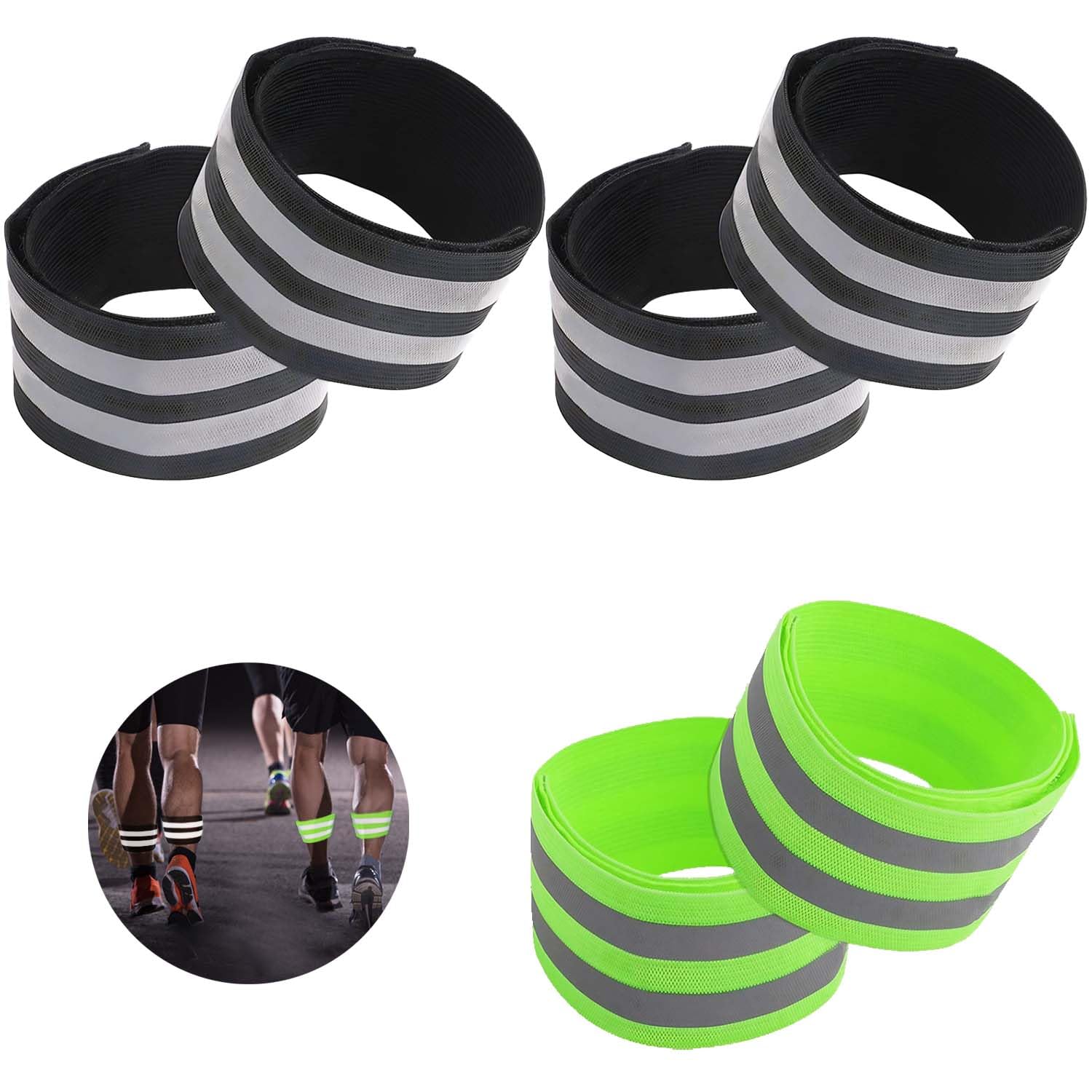 REEKNOKOL 6 Pieces Reflective Strips Reflective Running Gear Reflective Armbands Flexible Reflective Strips Reflective Arm Bands Adults For Running Jogging Hiking Walking（2 Green+4 Black）