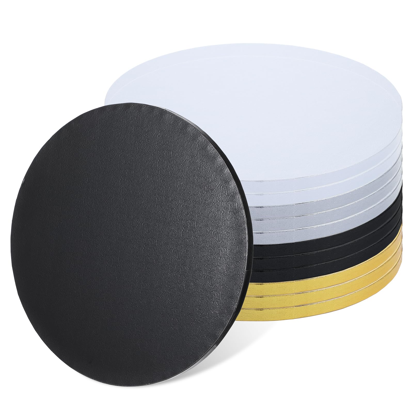 Photo 1 of 12 Packs Thick Cake Drums, Greaseproof 10 inch assorted Round Cake drum in Gold Black Sliver White Cake Base, Cardboard Cake Boards for Presenting Heavy/Tall Tiered Cakes, Base Para Pastel