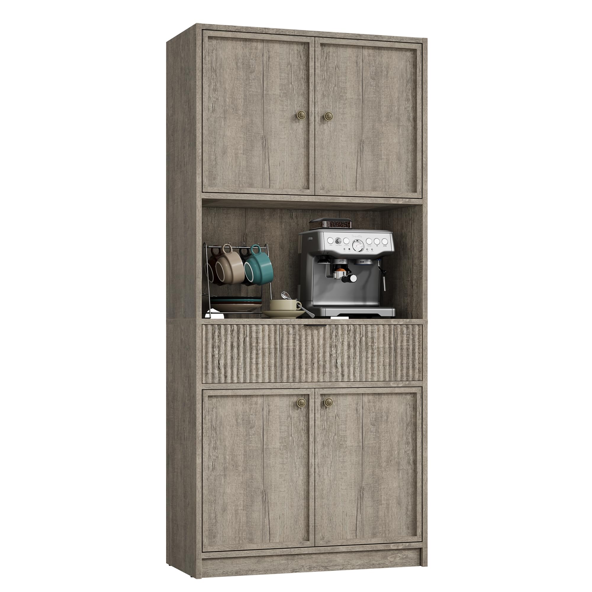 Photo 1 of GarveeHome Kitchen Pantry Cabinet, 70" Tall Pantry Storage Cabinet with Countertop, Fluted Tall Cabinets with Doors and Drawer, Freestanding Cupboard for Dining Room, Living Room, Gray