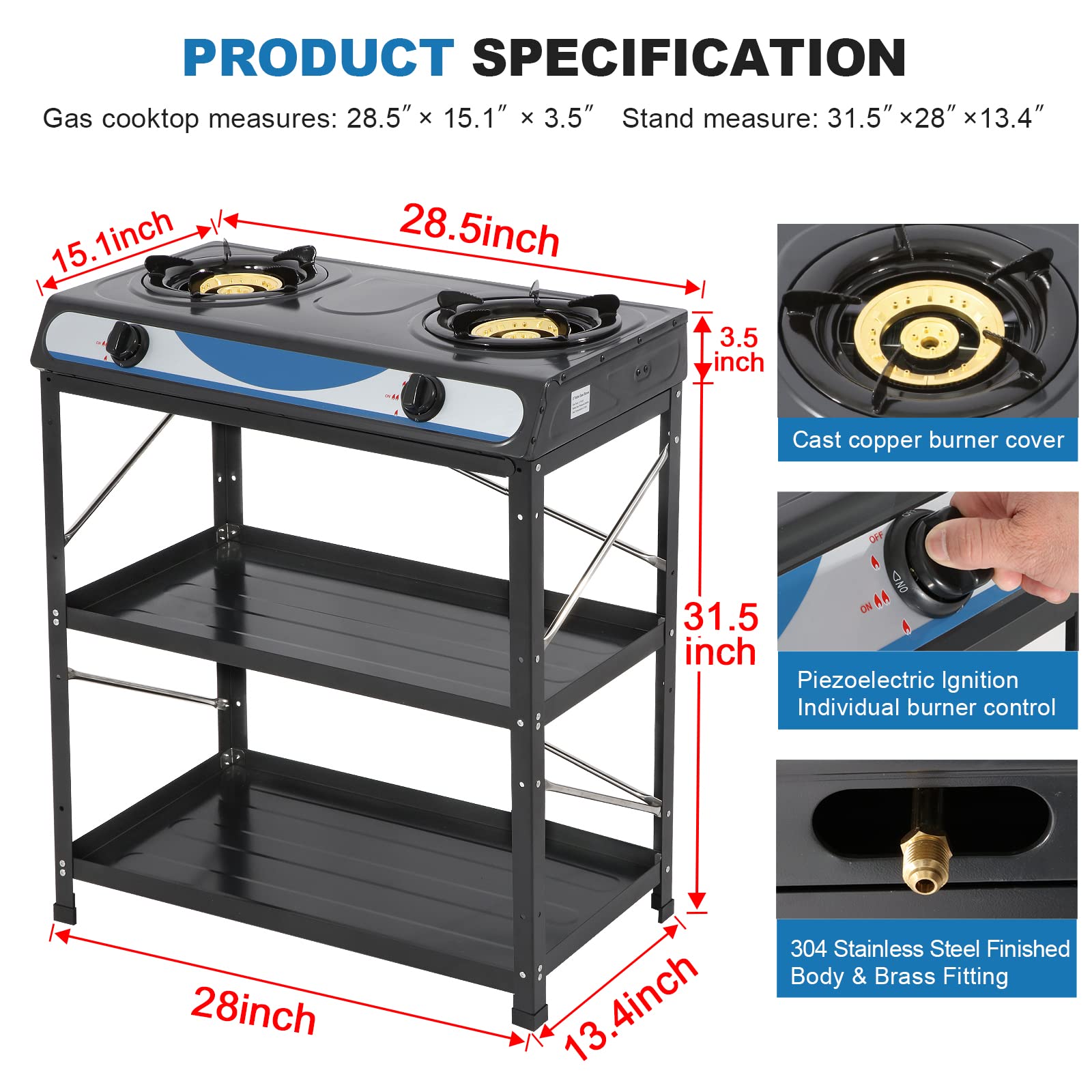 Propane Gas Stove 2 Burner Gas Stove with Removable Leg Stand Portable Gas Stove Black Auto Ignition Camping Dual Burner LPG for RV, Apartment, Outdoor