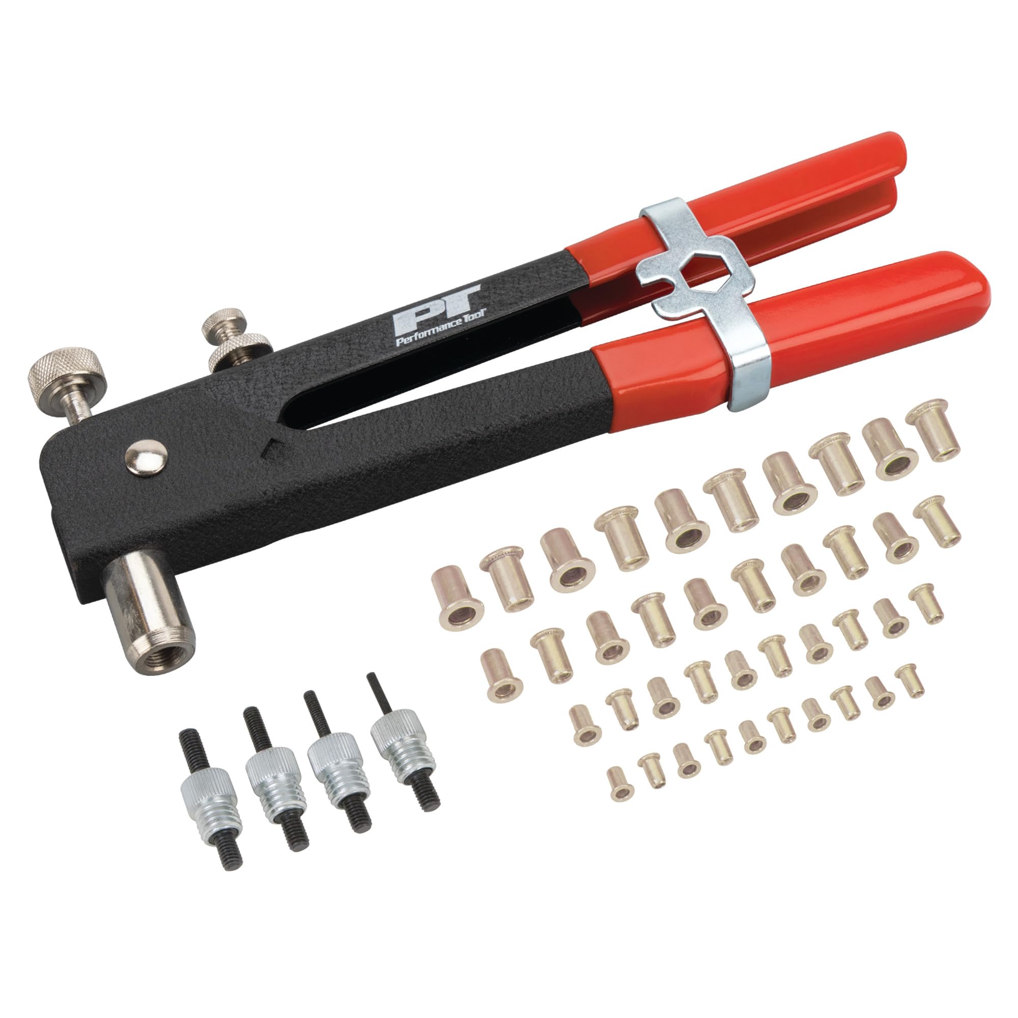 Performance Tool W2006 SAE Rivet Nut Kit Set, Riveter Tool, Rivet Nut Gun, Thread Hand Riveter, Rivet Gun, Riveting Tools with 45pc, Metric Rivet Nuts Included -/32, 8-32, 10-24, 1/4-20