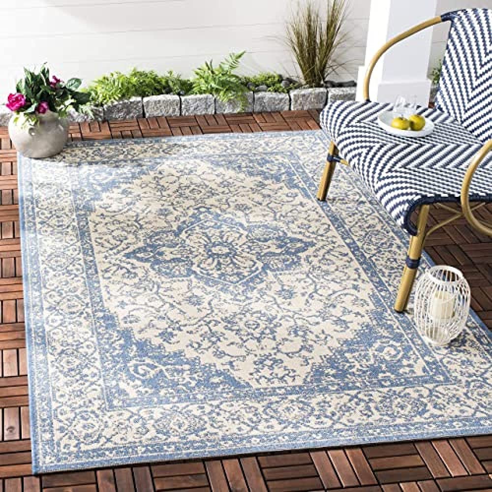 Safavieh Medallion Indoor/Outdoor Woven Rectangle Area Rug, Beachhouse Collection, BHS137, in Cream / Blue, 79 X 152 cm for Garden, Patio or Any Outdoor Space