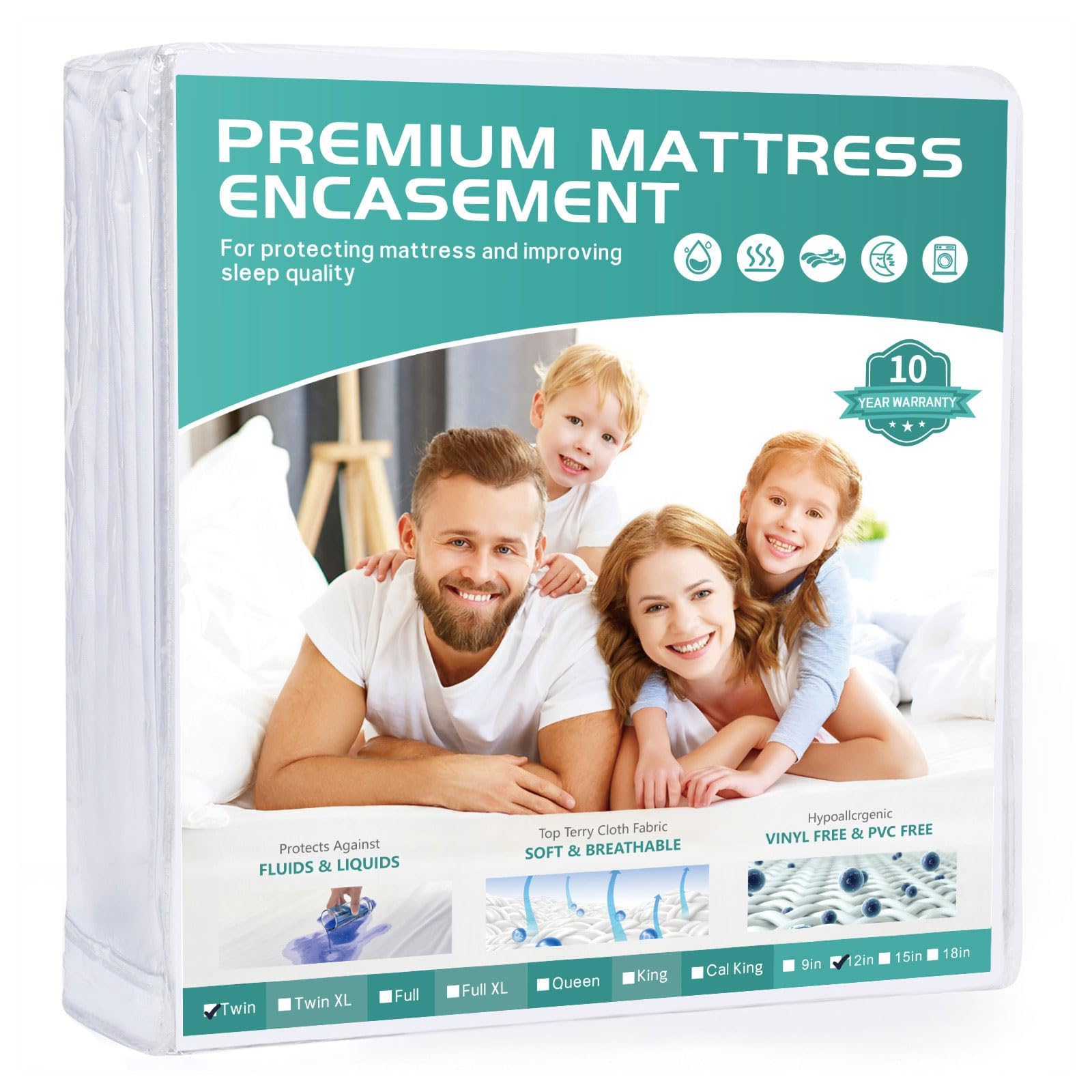 Photo 1 of 39x75 Twin Waterproof Mattress Protector Fits 9-12" Deep, Zippered Mattress Encasement Cover, WINKAURA Premium Washable Terry Top Fabric Mattress Pad Cover