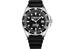 Stuhrling Original Men's Watch Dive Watch Silver 42 MM Case with Screw Down Crown Rubber Strap Water Resistant to 330 FT