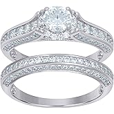 Jewels By Lux Sterling Silver Women's Cubic-Zirconia Duo Bridal Anniversary Wedding Engagement Band Ring Set