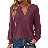 GKBK Womens Long Sleeve Shirts Fall Tops V Neck Business Dressy Casual Blouses with Smocked Cuffs