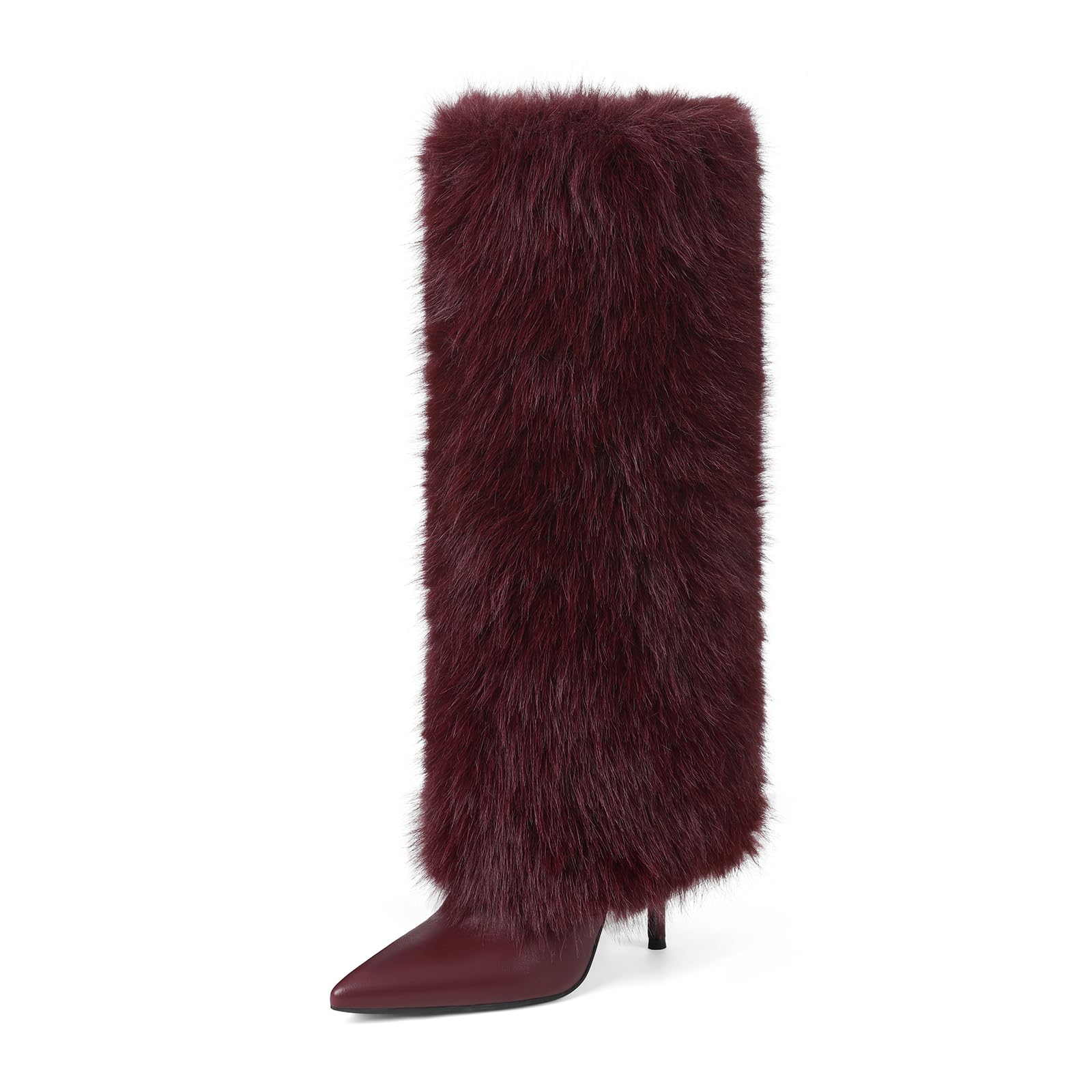 Photo 1 of INSMIA Knee High Boots for Women Red Fur Pointed Toe Wide Calf High Heel Dressy Fold Over Tall Boot for Women Size 7