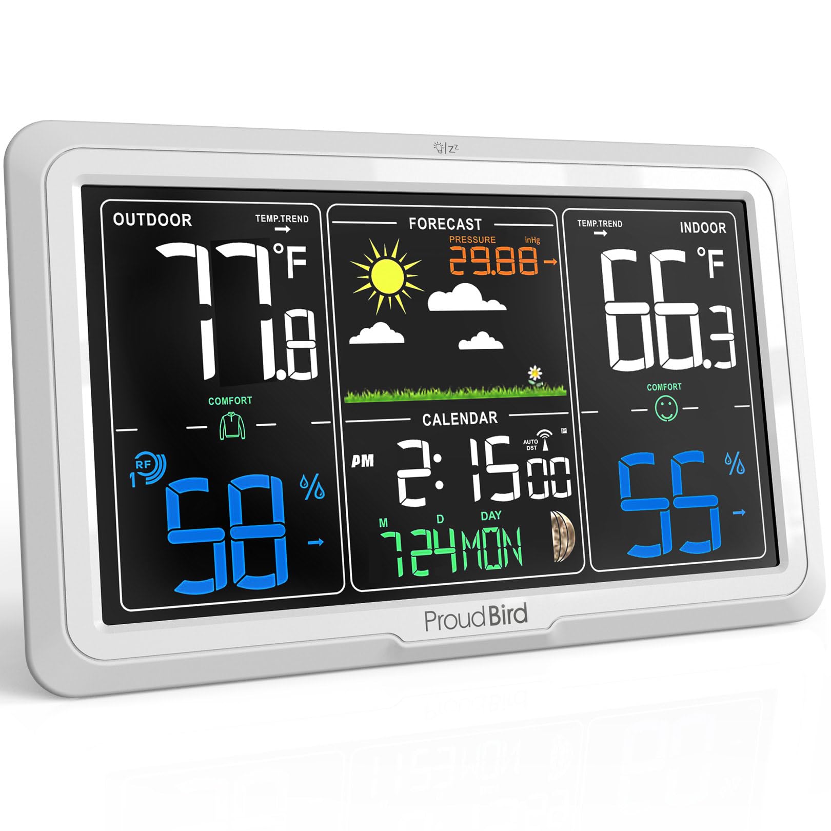 Photo 1 of Proud Bird Weather Station Wireless Indoor Outdoor Thermometer, Wide Viewing Angle Home Weather Stations, Colorful Large 7.6" Display, Atomic Clock Weather Forecast Adjustable Backlight, White
