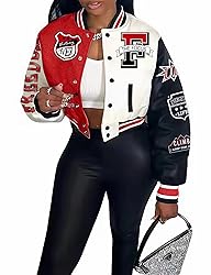 COZYPOIN Women Varsity Jacket Print Cropped Color