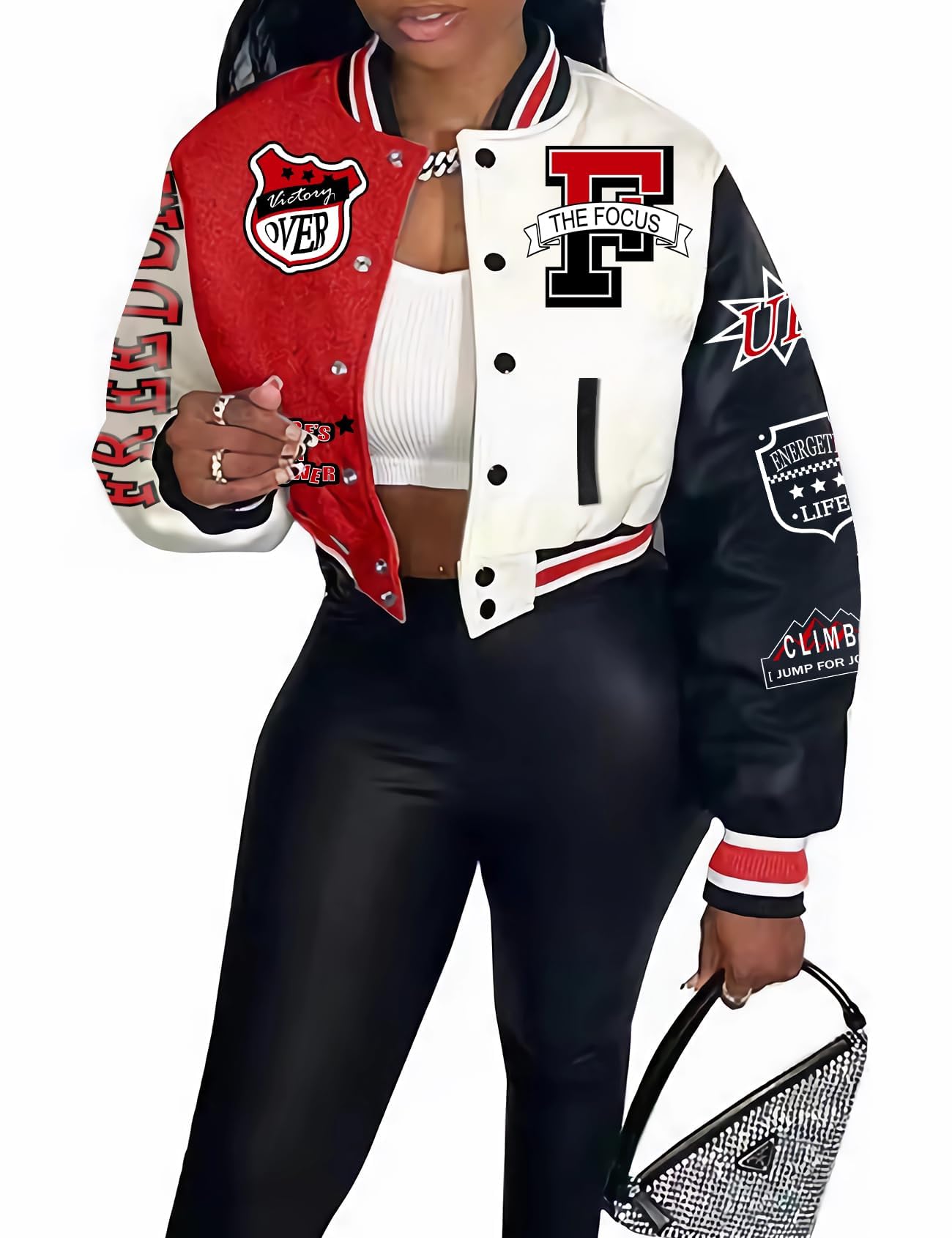COZYPOIN Women Varsity Jacket Print Cropped Color