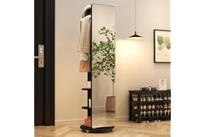 KASLANDI Full Length Mirror with Brake Wheels, 70"x16", Unique Solid Wood Oversized Floor Mirror with Coat Rack, Full Body Mirror for Bedroom, Living Room (Black)
