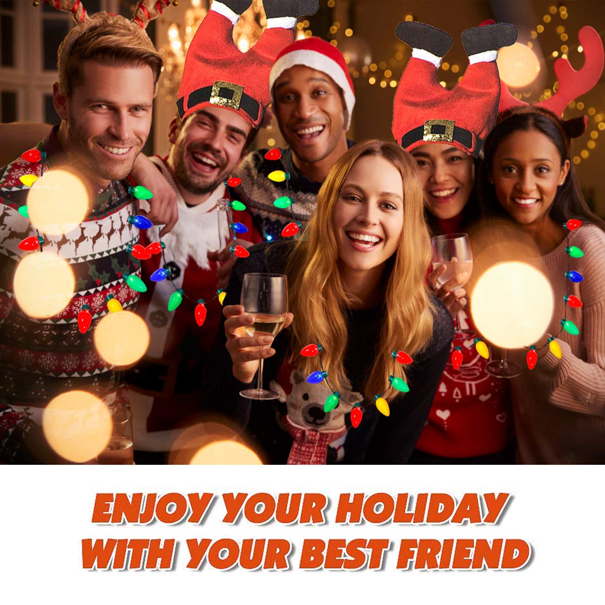 2 Pieces Ugly Sweater Christmas Party Kit, Includes Red Santa Hat and LED Christmas Bulb Necklace for Ugly Sweater Christmas Xmas Holiday Party