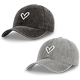 ANLIOTO 2 Pack Heart Baseball Caps for Women Men, Cute Adjustable Washed Sun Hats for Outdoor Running Golf