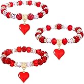 HEIDKRUEGER 3/5 Pieces Valentine's Day Beaded Bracelets for Women Red Heart Pendant Bracelet Glass Beads Stretch Bracelets for Girls Valentines Party Jewelry Gift