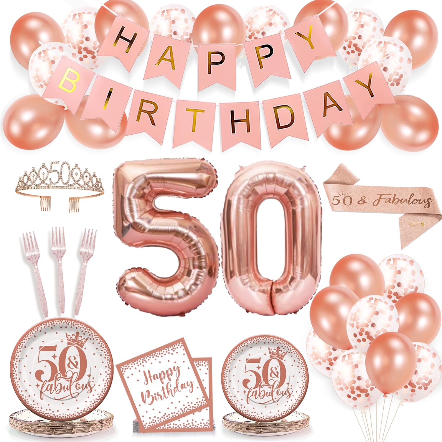 Photo 1 of 50th Birthday Decorations for Her - Rose Gold 50 Birthday Decorations, 50th Birthday Plate, Napkin, Fork, Happy Birthday Banner,Balloons Set,Fabulous Birthday Queen Crowns and Sash Etc (50th)