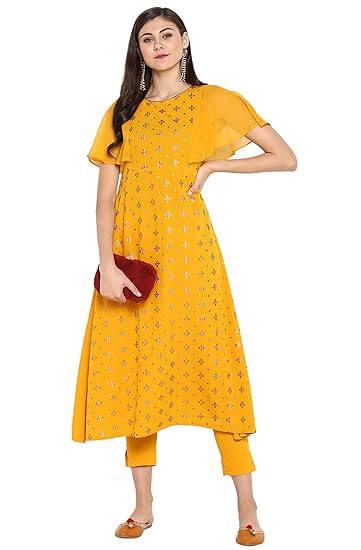 Women's Mustard Poly Crepe A-Line Kurta With Pant