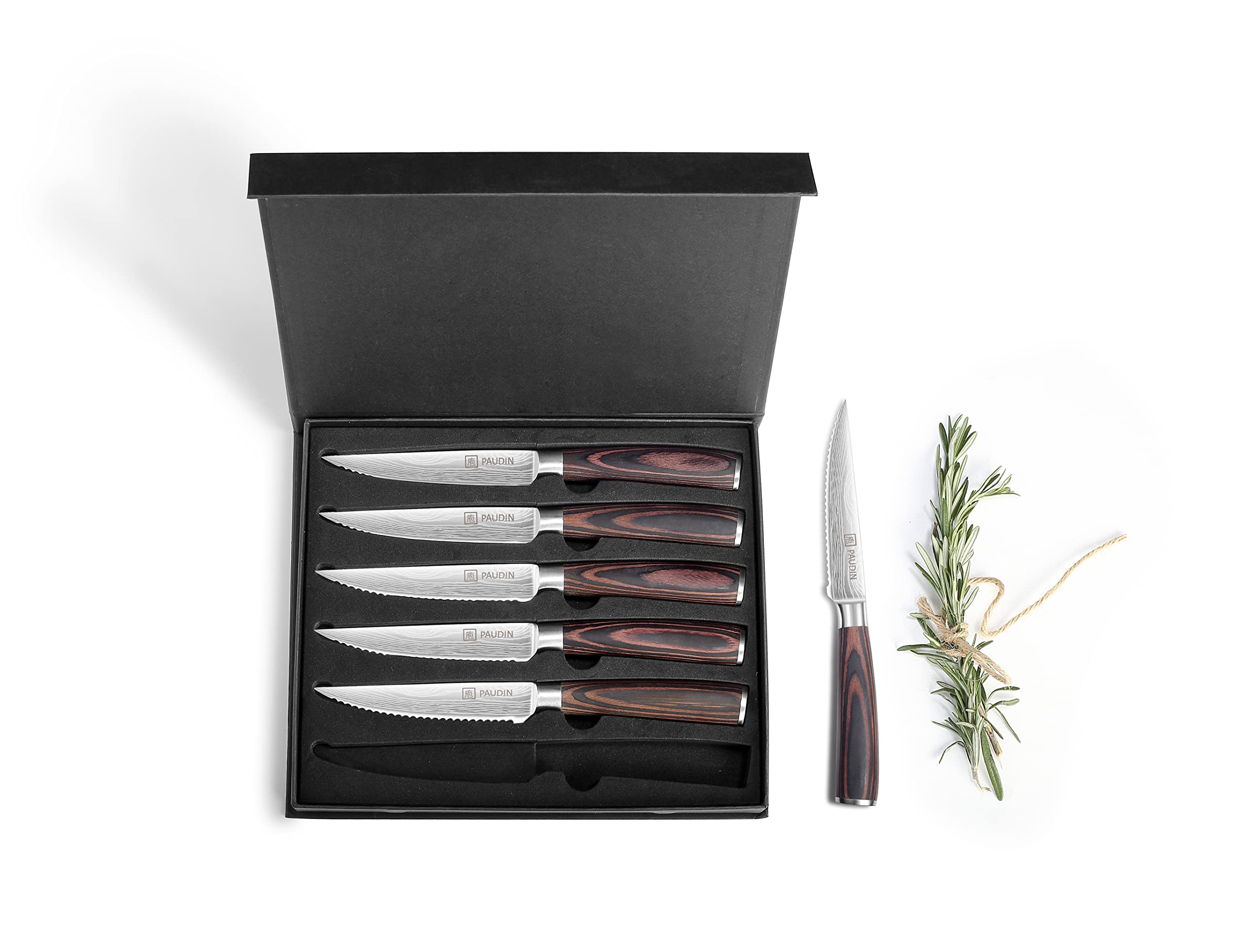 PAUDIN Steakmesser 6-teiliges Set, hochwertiger deutscher Edelstahl Steak Messer, ultrascharfe gezackte Klinge und ergonomischer Holzgriff, Tafelmesser mit Geschenkbox 9
