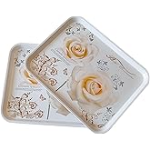 Large Serving Platter Melamine Trays 2 Pack Stackable Food Tray with Floral Print for Gift, Party, Decor, Home, Restaurant (Gold Rose, Medium)